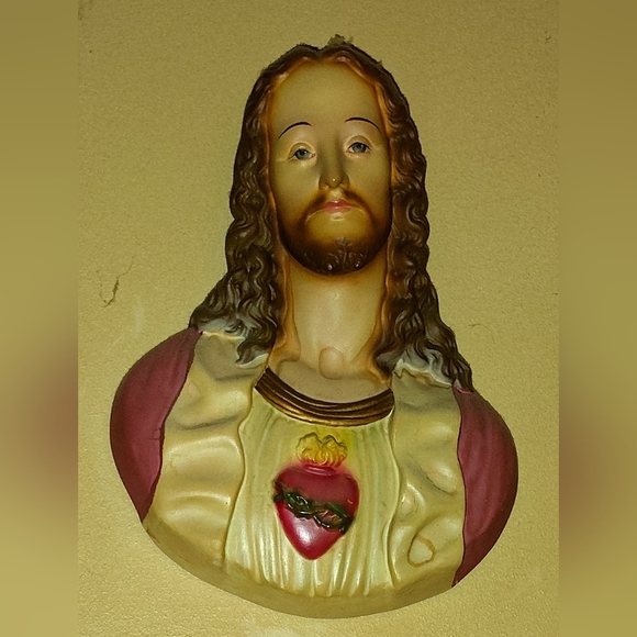 Antique Large Chalkware Jesus Sacred Heart Wall Hanging 1940's Mid Century - Picture 2 of 4
